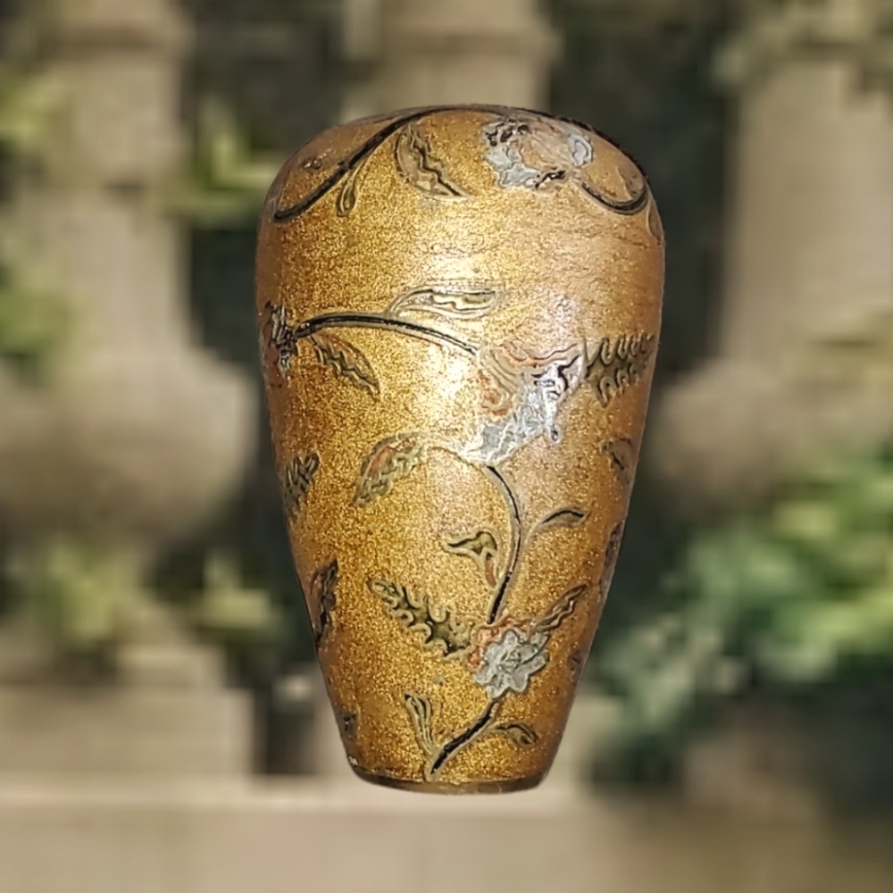 Early Century French Art Brass Vase Flower Pot Raised Design Blue Green Gold - Picture 1 of 10